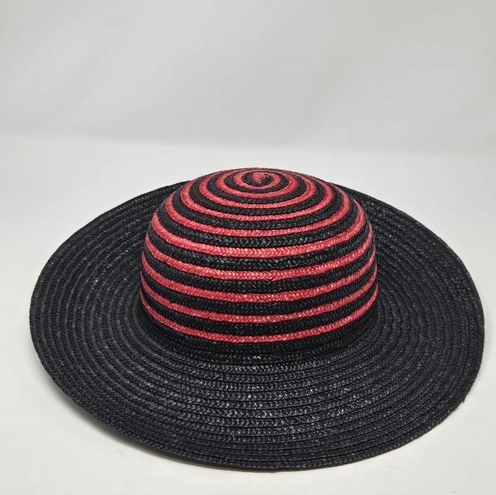 VINTAGE 100% NATURAL STRAW WOVEN HAT BLACK & RED SWIRL ITALY WOMEN OS WHIMSIGOTH - Picture 13 of 13